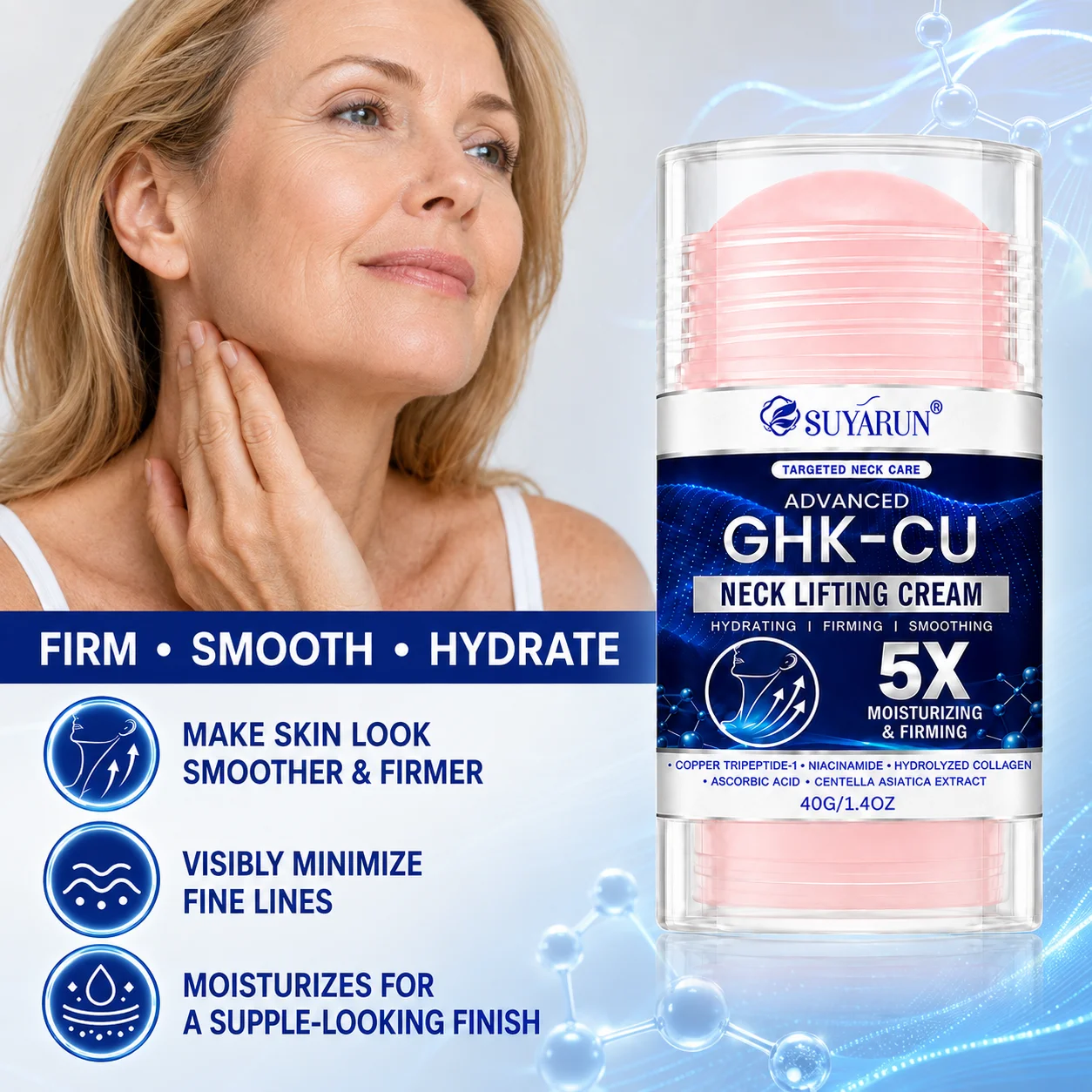 SUYARUN Blue Copper Peptide Neck Firming Stick Wrinkle Smoothing Lifting Brightening Roller Massage Portable Skincare.