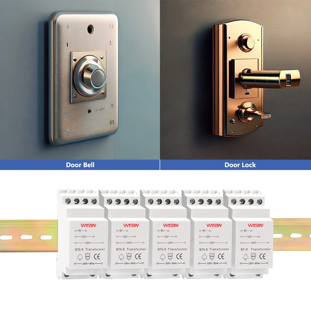 

BT8-8 Doorbell Transformer 8/12/24V CE Approved Compatible with Ring/Bell/Bell Smart rail type doorbell protector rated voltage