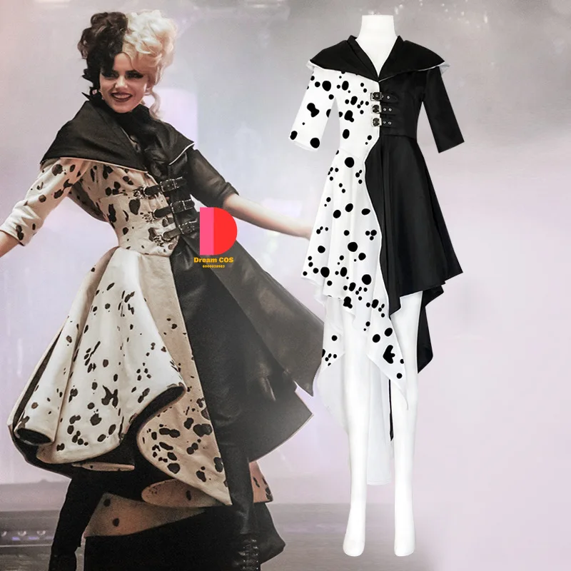 Cruella 2024 Halloween Costume Cosplay Evil Queen Black and White Coat Evening Dress Fashion Emma Magic Performance Outfit