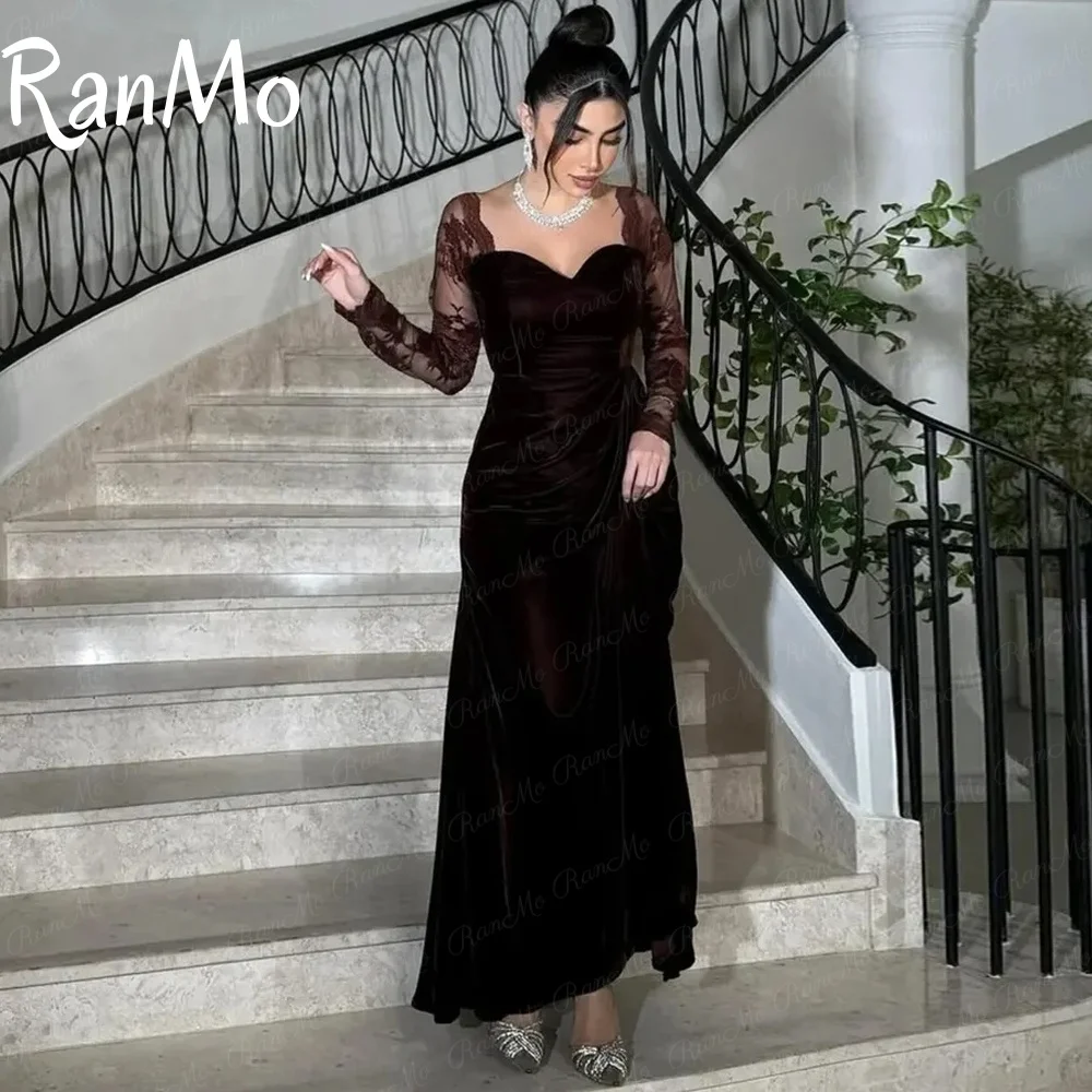 

Ranmo Customized Long Sleeves Evening Dresses Sweetheart Pleated velvet Prom Dresses Floor Length Vestidos De Noches Party Gowns