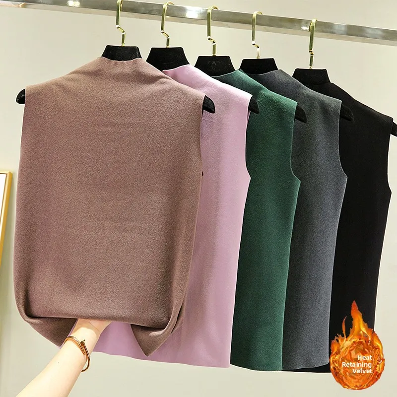 Warm Half-High Collar Vest Women's Autumn Winter Black Base Shirt Versatile Fashionable Strapless Vest Thermal German Velvet