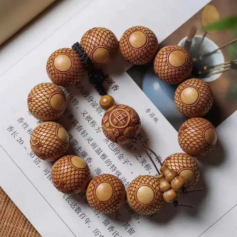 Sandelholz-Perlenarmband mit geschnitztem Drachen-Tierkreiszeichen für Männer, Gebetsperlen, Handgelenk-Mala, Auto-Deko, Geschenke