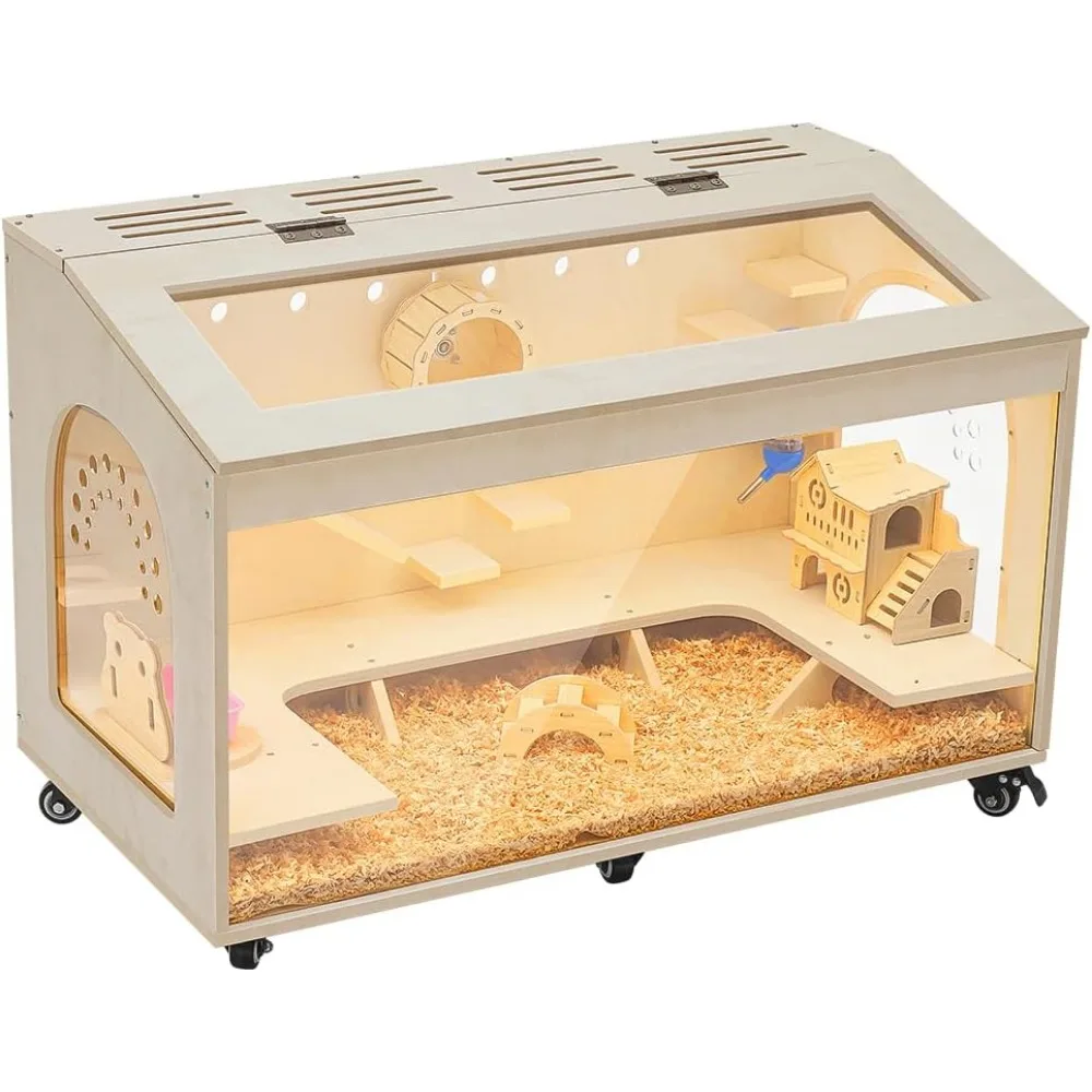 

Large Wooden Hamster Cage - 32-Inch Hedgehog Habitat with Transparent Acrylic for Interior View, Platform & Chew-Proof Wood Fram