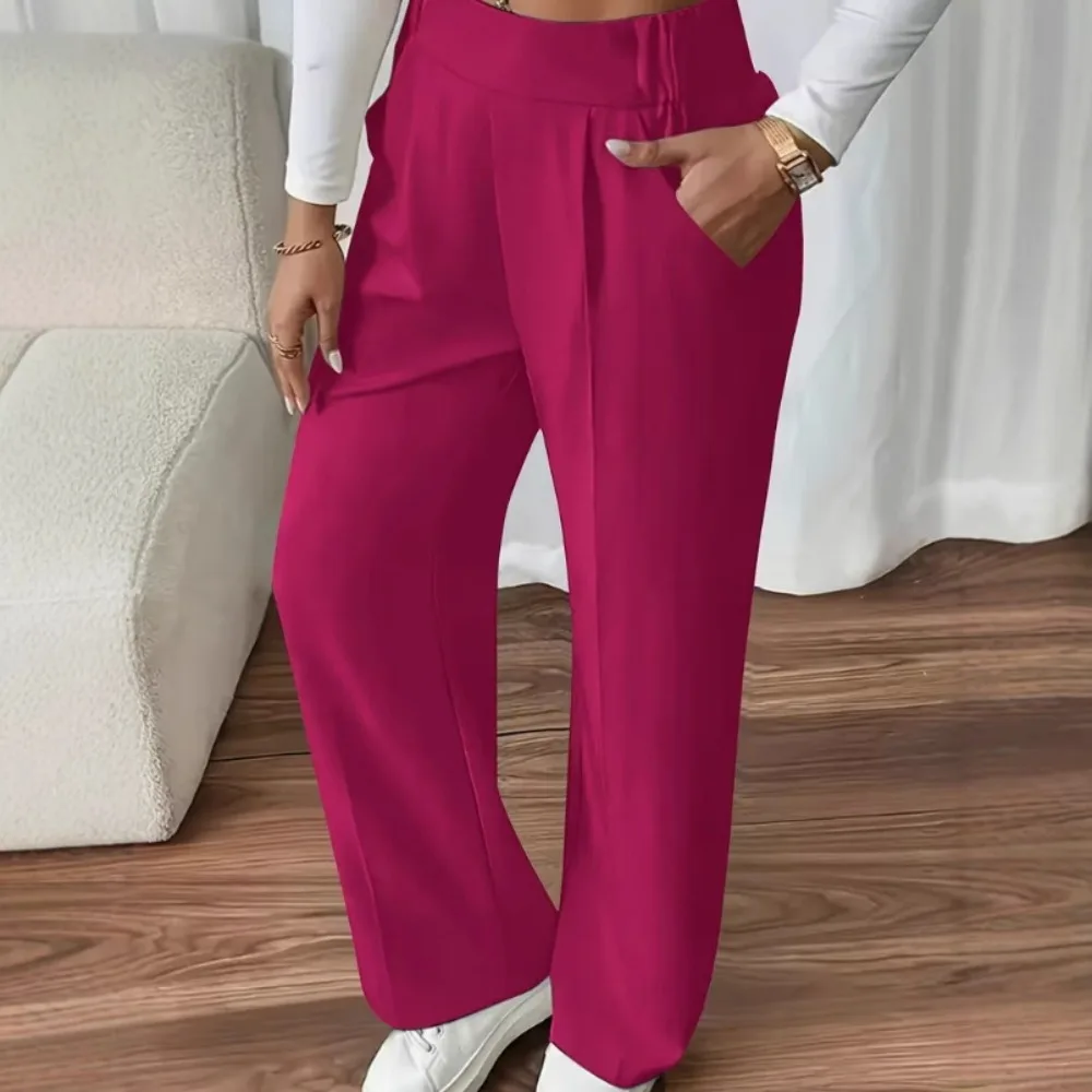 Women Solid Elegant French Style Straight Leg Office Pants Fashion Pocket Elastic Waist Slight Stretch Breathable Flattering