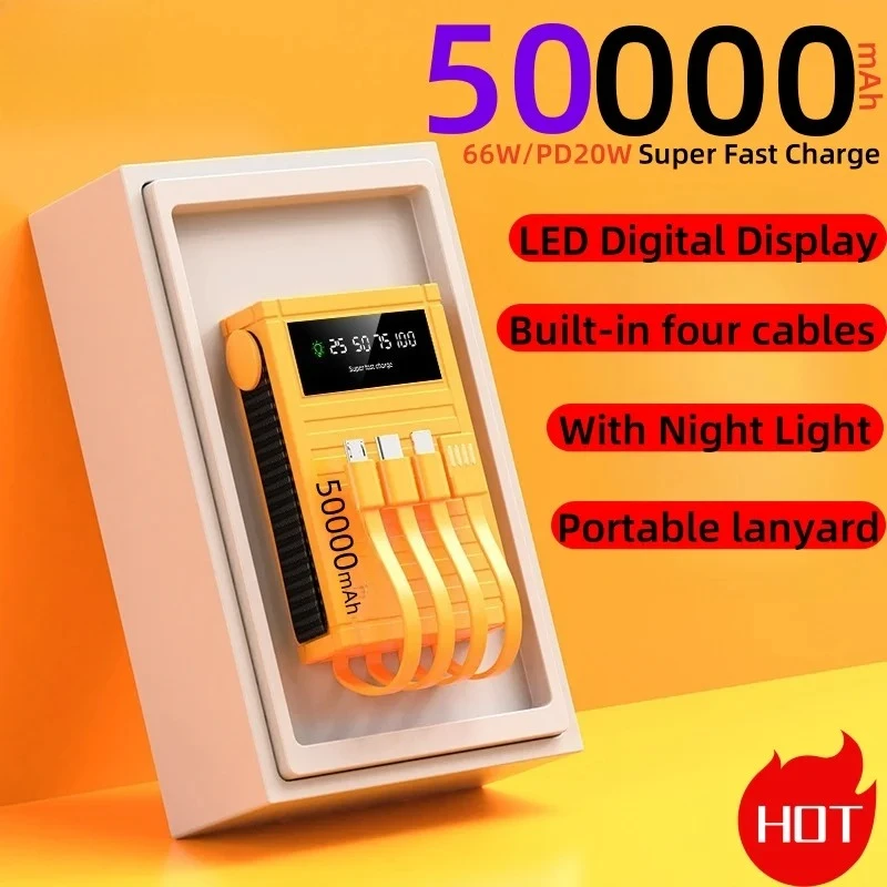 

Портативный внешний аккумулятор большой емкости 50000 мАч с сверхбыстрой зарядкой, встроенный 4 кабелями для iPhone, Samsung, Huawei
