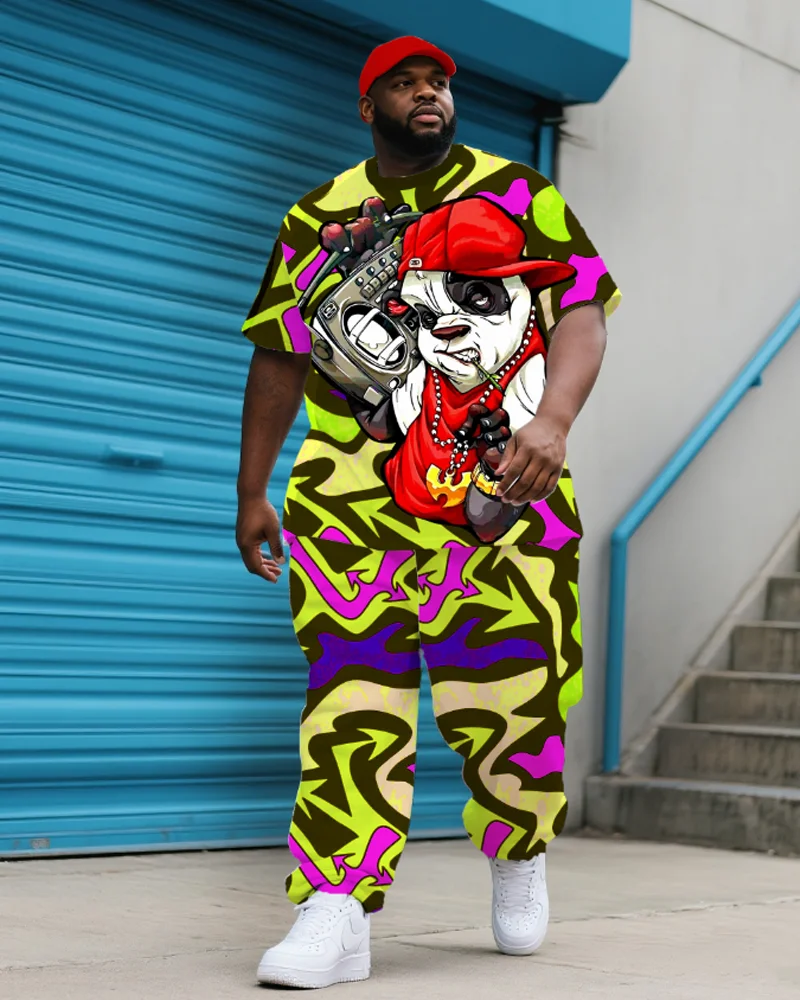 

S-9XL Men's Plus Size Hip Hop Graffiti Panda Short Sleeve T-shirt and Pants Two-Piece Set