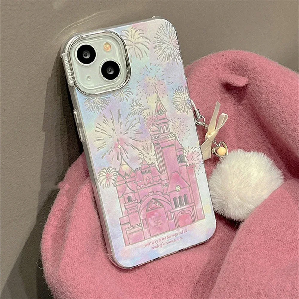 Cute Dreamy Fireworks Castle Ferris wheel Pattern Hairball Pendant Case For iPhone 15 14 13 12 Pro Max 11 Shockproof Cover Funda