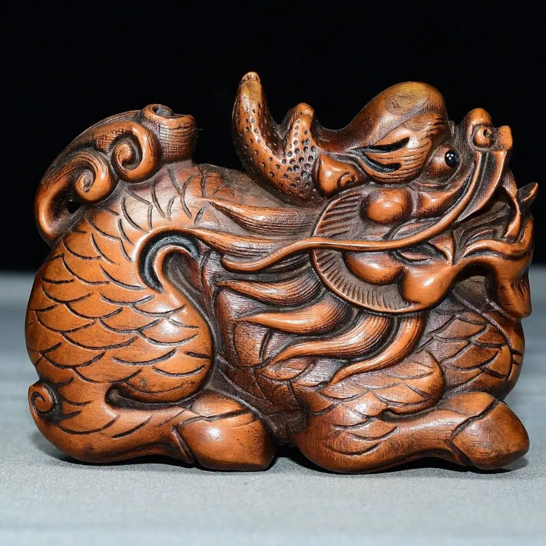 Hand Carved Wood Lying down pixiu Statue Figurine Desktop Ornaments Home Decoration Crafts Tea Pet Decor