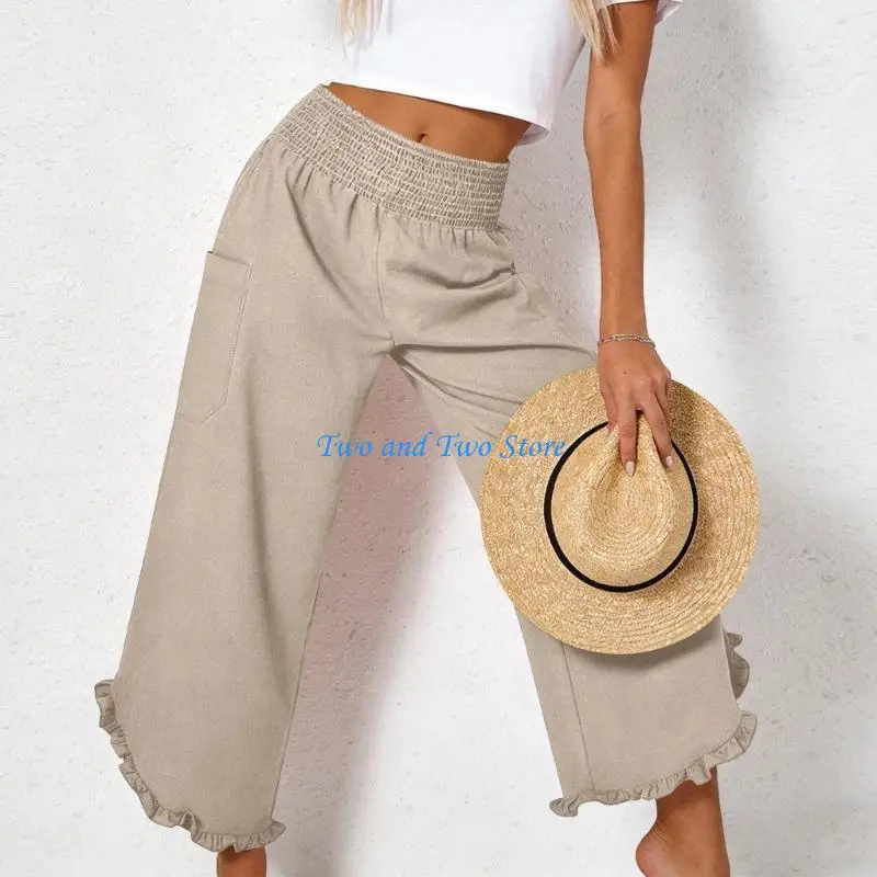 HX6F Pantalon Lino para Mujer Cropped Linen Pants Women Summer Casual Smocked Elastic Waist Ruffle Pants with Pockets