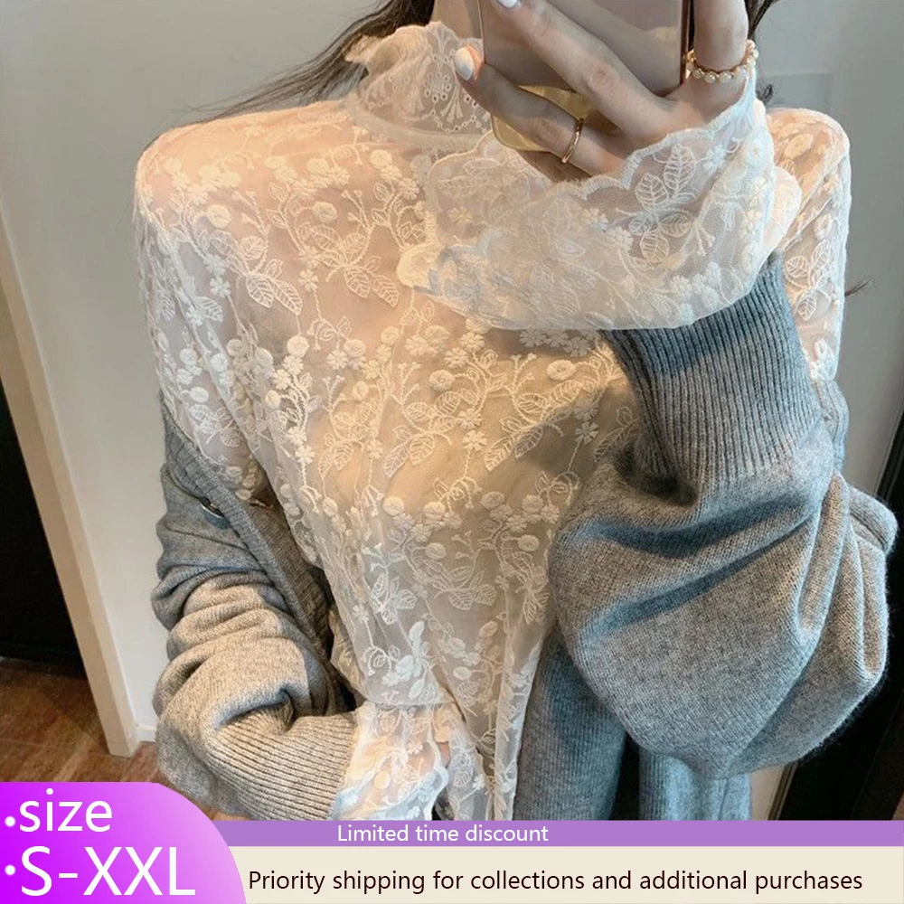 

Женская кружевная базовая рубашка, водолазка, новинка 2025, осенне-зимняя женская одежда, пуловеры с рукавами-колокольчиками, с вырезами, прозрачная одежда