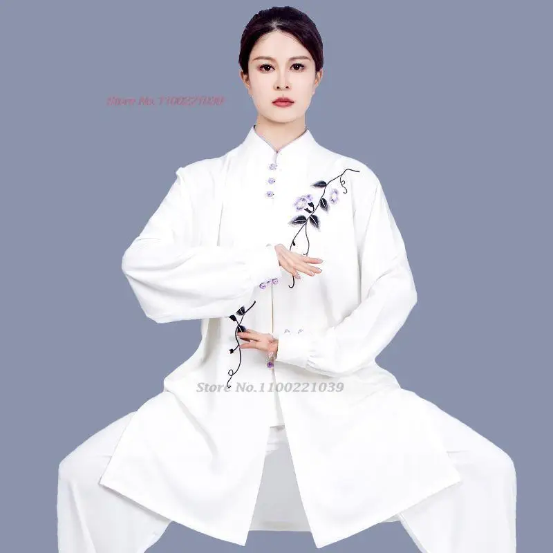 

2024 chinese kung fu tai chi clothing martial arts taijiquan wushu uniform wing chun national flower embroidery tops+pants set