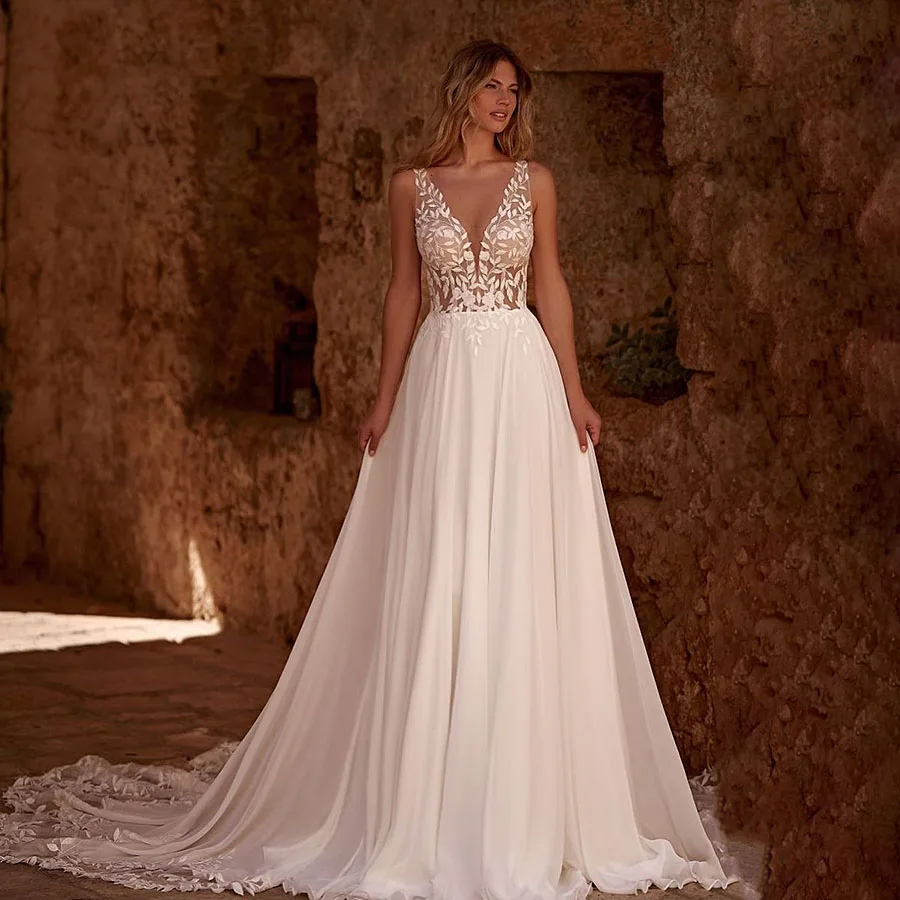 Boho Beach Abito da sposa Una linea per le donne Chiffon con scollo a V senza maniche Tulle Applicazioni di pizzo Vendite calde 2025 Abito da sposa personalizzato