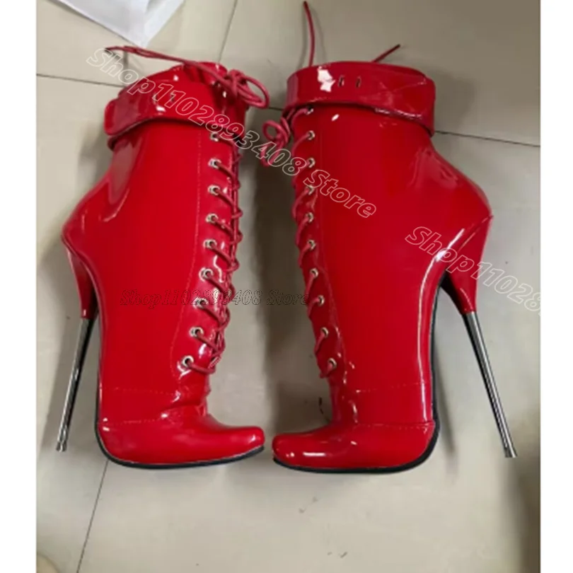

Red Lace up Ankle Boots Pointed Toe Side Zipper Patent Leather Personality Party New Women Dance Boots 2025 Zapatos Para Mujere