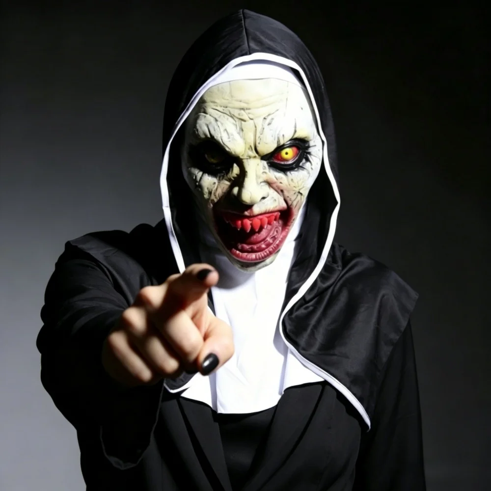 

Horror Nun Latex Mask with Black Headscarf Scary Full Face Mask Adult Halloween Cosplay Costume props