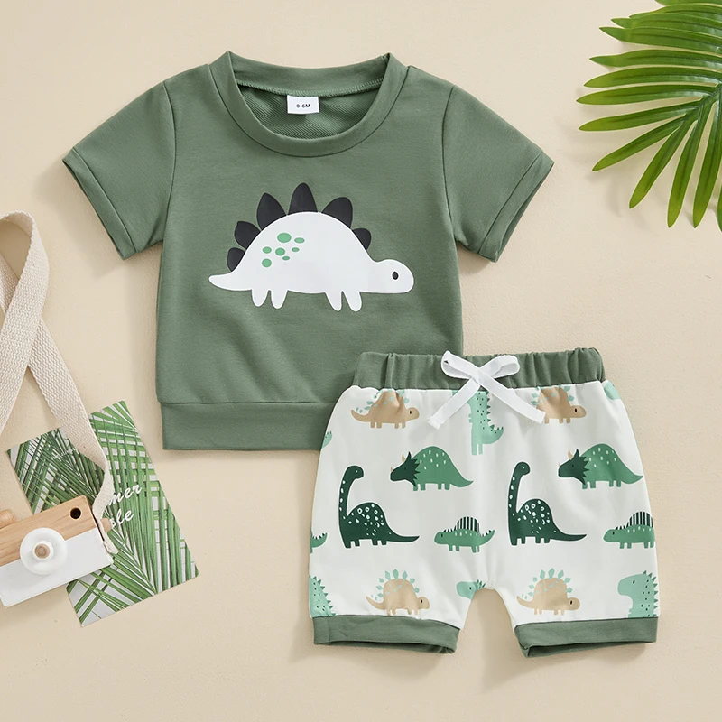 

Tregren 0-3Y Toddler Infant Boy Summer Outfits Short Sleeve Cartoon Dinosaur Print Tops and Shorts 2pcs Set Newborn Baby Clothes