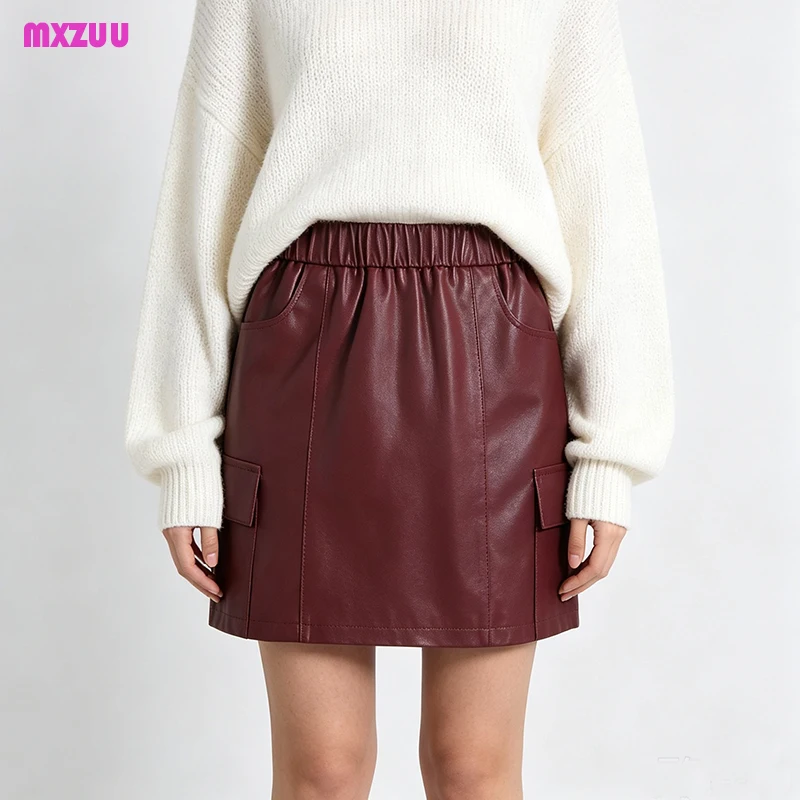 New Black Casual Versatile Short Leather Skirt for Women Autumn Sheepskin Elastic Waist Slim A-Line Mini Skirt with Side Pockets