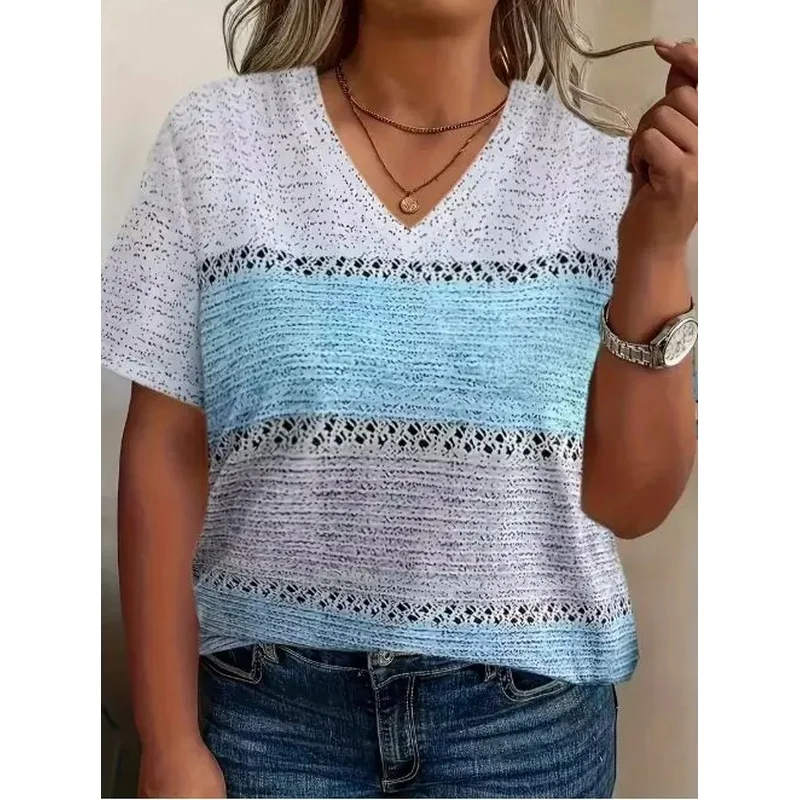 Women's striped color block 3D print t-shirts, streetwear, short-sleeved V-neck, Y2k t-shirts