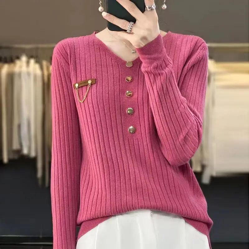 V Neck Button Patchwork All-match Pullovers Top Spring Autumn Long Sleeve Solid Elegant Sweaters Vintage Fashion Women Clothing