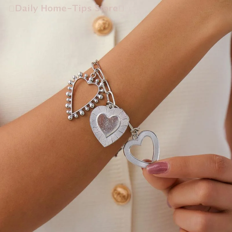 الكلاسيكية كبيرة القلب قلادة سوار للنساء خمر الجوف خارج هندسية سحر سلسلة سوار العصرية مجوهرات هدية #4