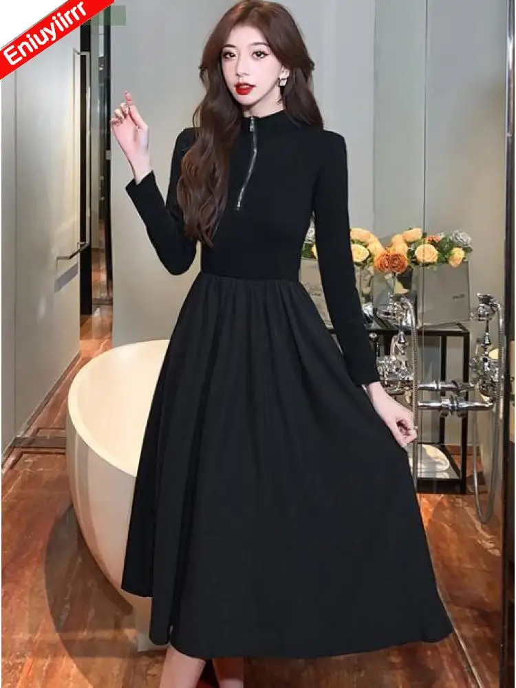 حار مبيعات النساء الشتاء الربيع الأساسية ارتداء Feminine Vestidos الفرنسية أسود طويل أنيق الرجعية Vintage نصف الياقة المدورة تي شيرت فستان