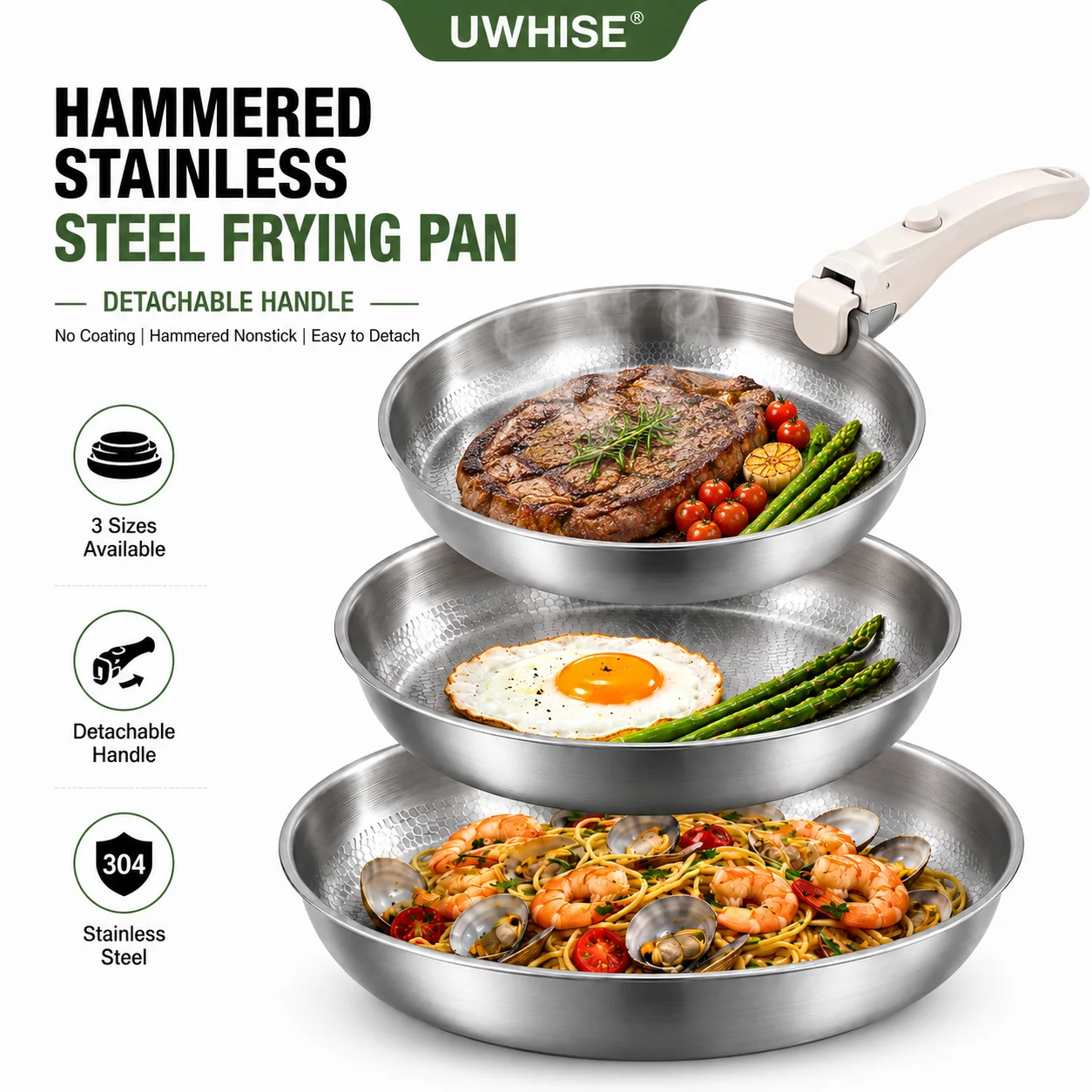 Uwhise Stainless Steel Frying Pan With Detachable Handle 3 Ply Uncoated Cookware Hammered Non Stick Skillet Space Saving