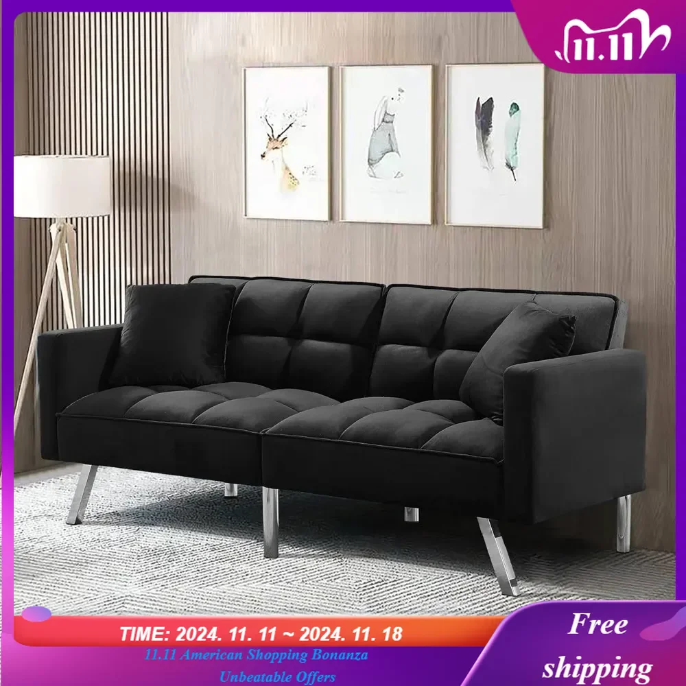 Futon Sofa Bed 74" Modern Convertible Folding Lounge Couch Loveseat Daybed Upholstered Sofá with 2 Pillows Living Room Bedroom