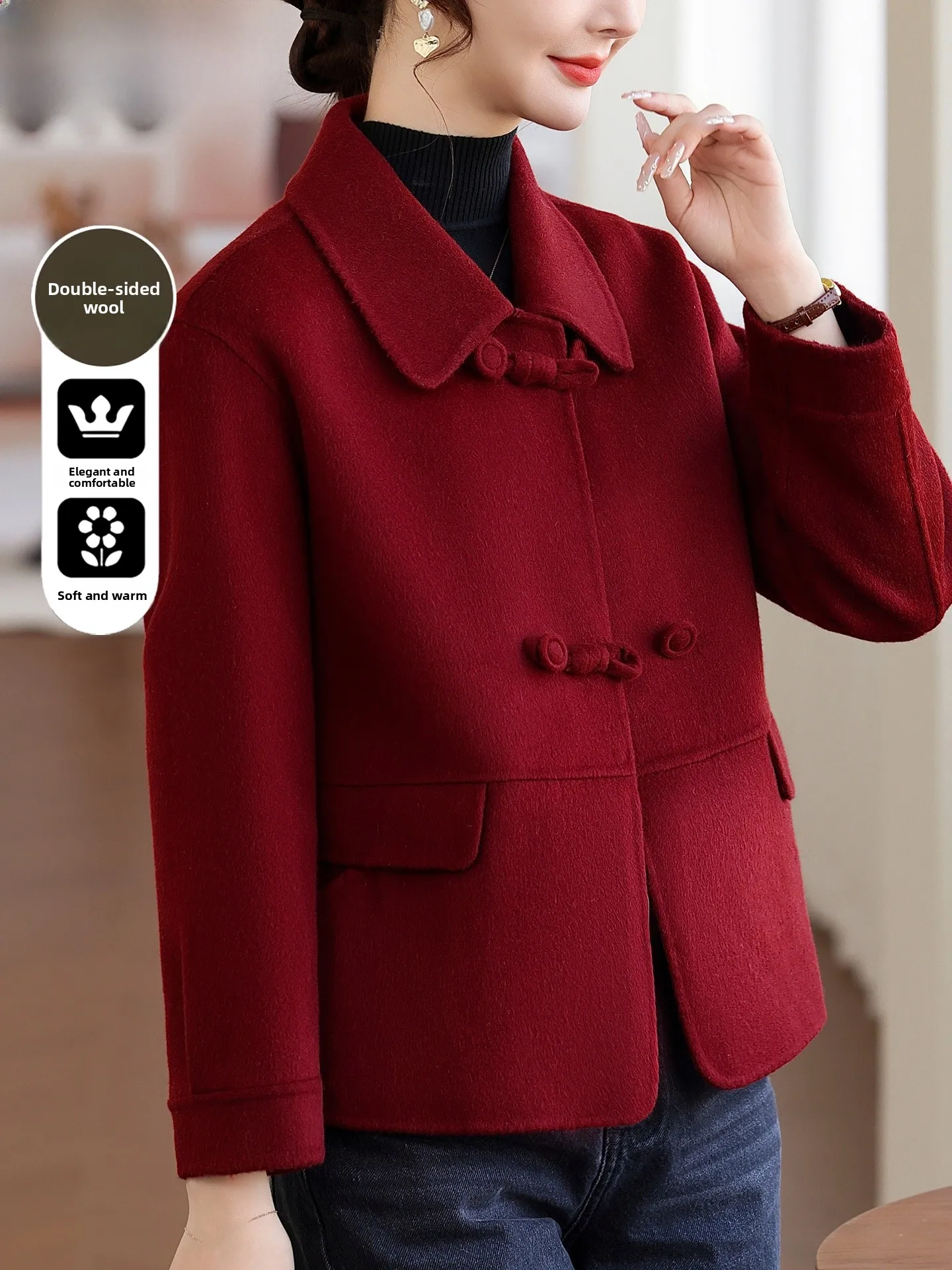 

Красное шерстяное пальто Camere для женщин, двусторонняя шерстяная верхняя одежда для среднего возраста, коллекция «Год Китайского Зодиака»