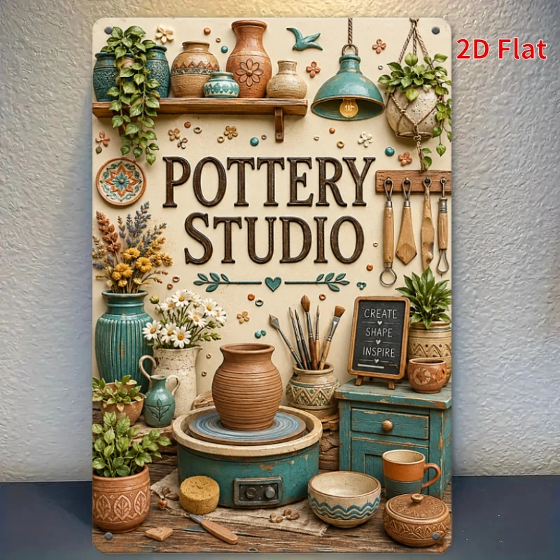 2D Flat - [2Dflat], 1pc 30X20Cm Craft Room Decor Tin Sign, Pottery Studio Create Shape Inspire Vintage Metal Sign, Clay Wheel Pa