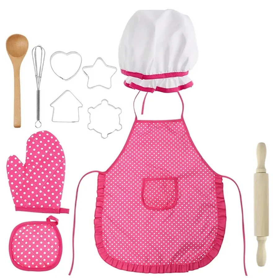 11PCS Kids Koken Bakset Chef Set Inclusief Schort voor Meisjes Chef Hoed Mitt & Gebruiksvoorwerp Cadeaus voor Kinderen Kerst Verjaardag Speelgoed