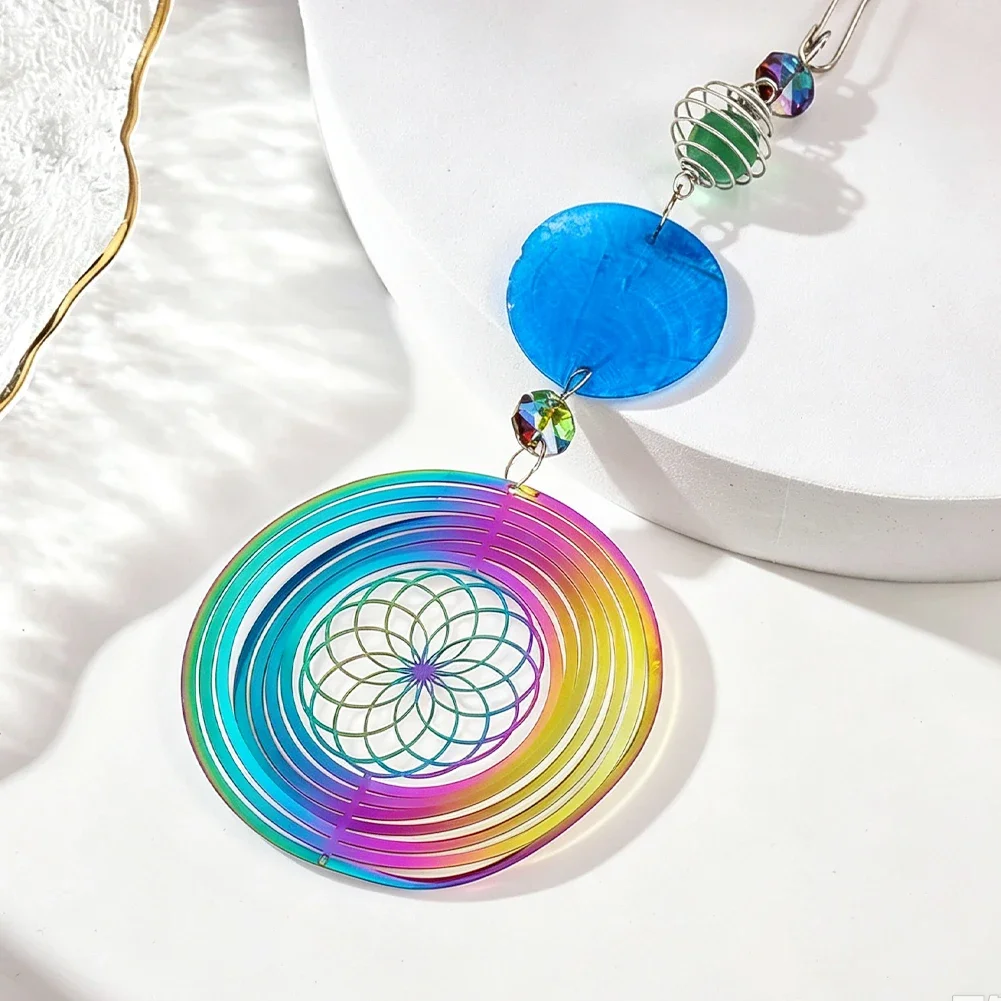 Boho Capiz Shell Illusion Hanging Rainbow Mandala Wind Spinner Crystal Suncatcher Whirligig Spiral Cage Pendant Window Decor