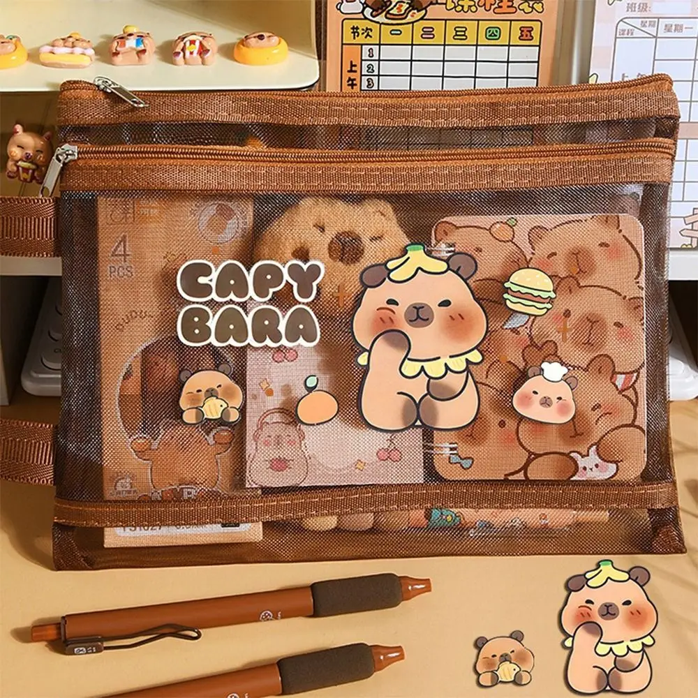 คุณภาพสูงตาข่าย Capybara กระเป๋าสีน้ําตาลเข้ม A4/A5/A6 ตาข่ายแบบพกพา Double Layer ปากกากระเป๋าโรงเรียนสํานักงาน