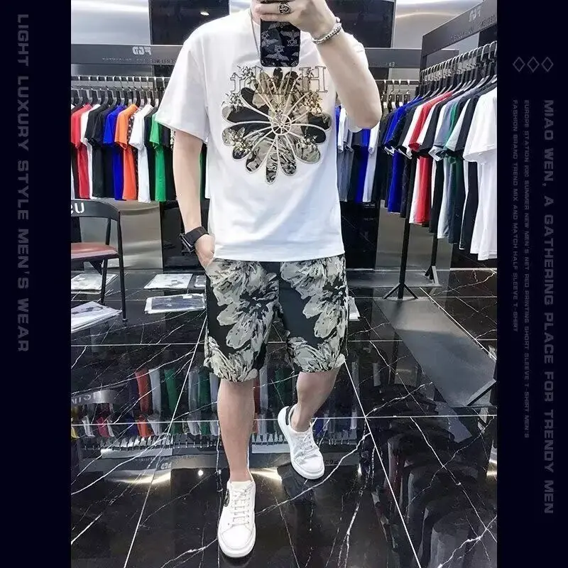 Men's Summer Trend Brand Premium Sense Short Sleeve T-Shirt Shorts with A Set European Station Light Luxury Casual Sports Suit