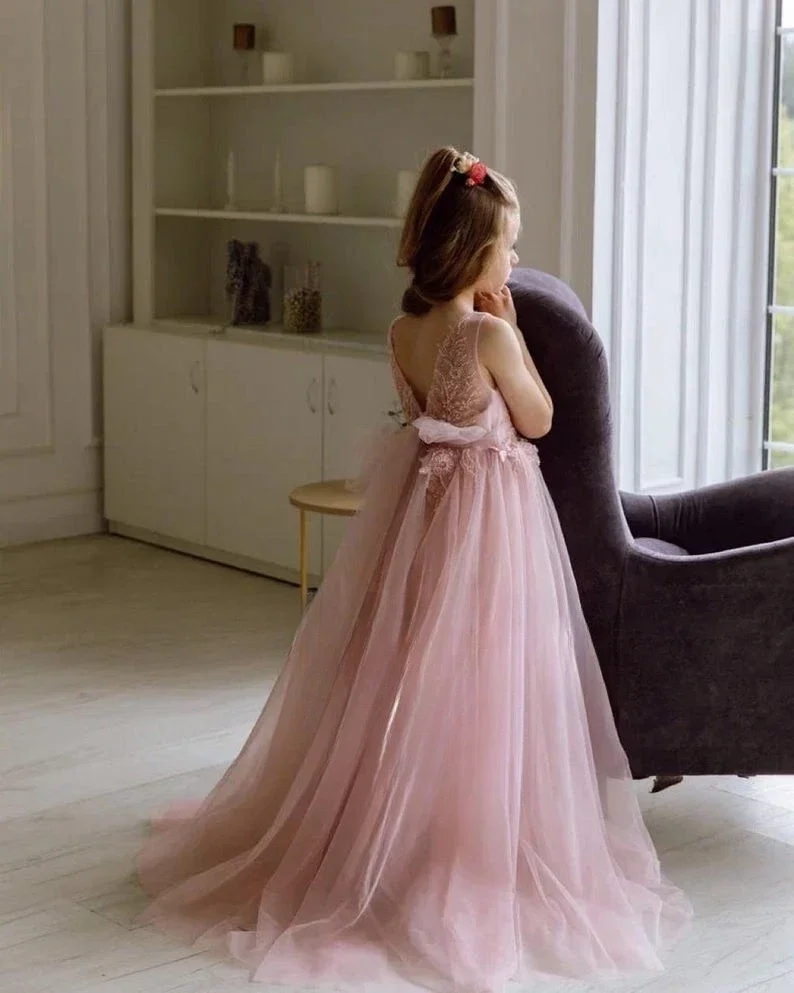 Tulle Tutu Lace Long Dress Girl Dresses for Weddings Princess Flower Girl Dress Pink Dress for Baby Junior Bridesmaid Dresses