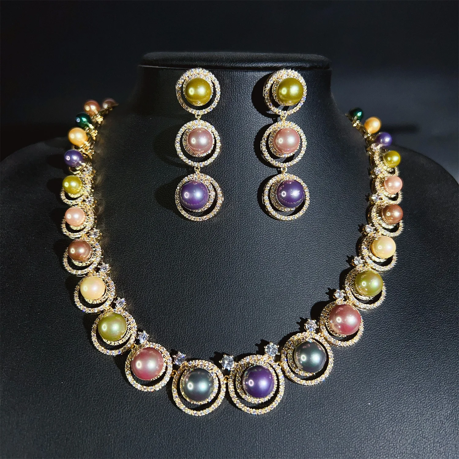 HIBRIDE 2 Pcs Light Luxury Lovely Colourful Pearls Twinkle Necklace Earrings Jewellery Set Women Party Prom Gift Wedding S-698