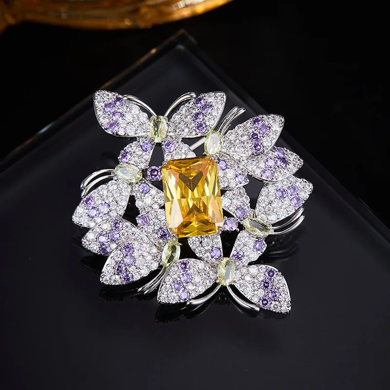 Light Luxury Heavy Industry Butterfly Flower Brooch Square Yellow Zirconium Purple Diamond Jewelry Coat Suit Temperament Pin