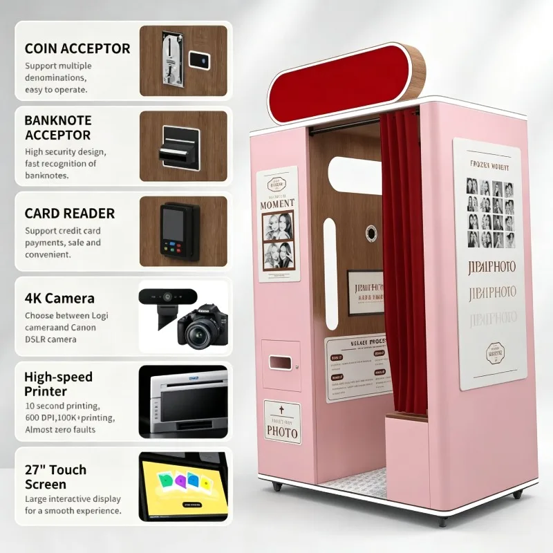 Self-service Instant Photo Booth with Printer and Camera Blue Photo Booth Customized for Trade Exhibitions Photo Booth Station