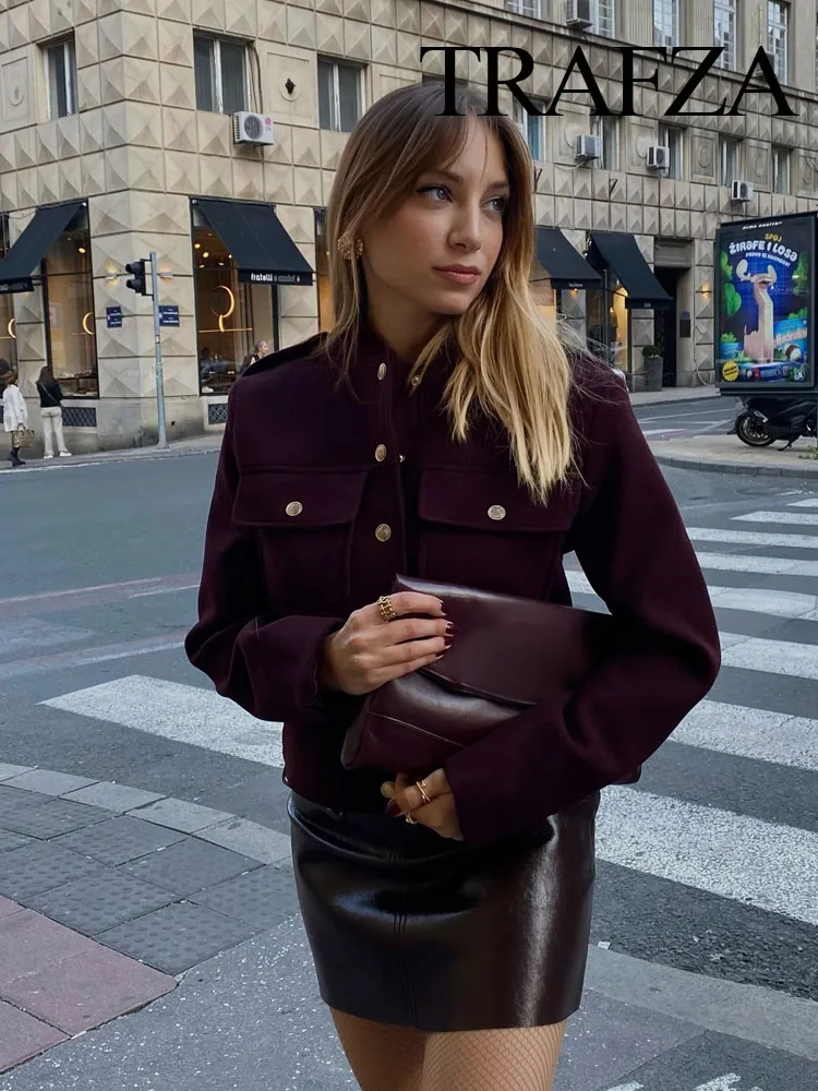 TRAFZA Women New Fashion Jackets Wine Red O-Neck Long Sleeves Pockets Buttons Single Breasted Female Autumn Casual Coats