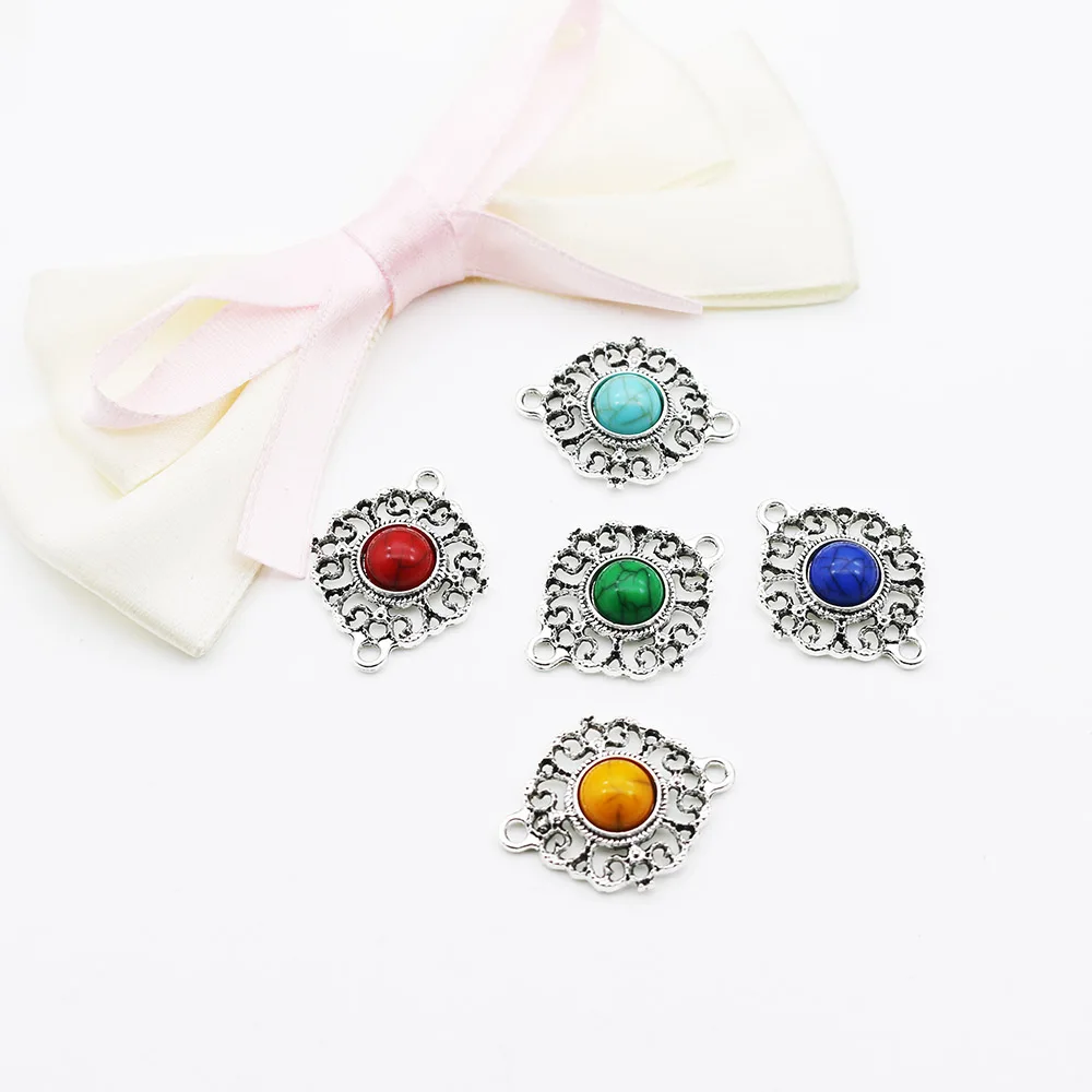 5-Pack Vintage Alloy Embedded Imitation Turquoise Pendants Accessories for DIY Ethnic Clothing Hair Accessories Necklace Connect