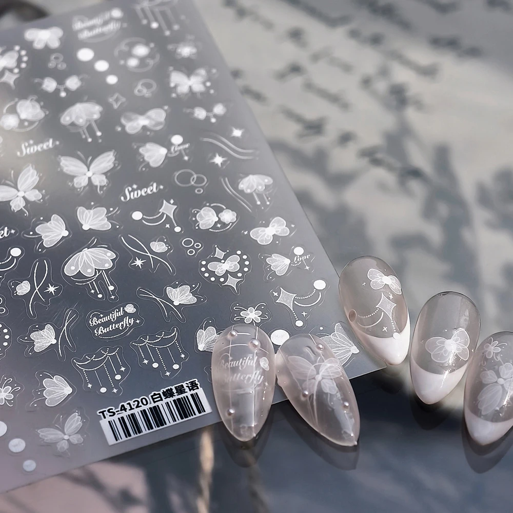 Verträumter weißer Schmetterling 5D Nail Art Aufkleber glänzende Sterne elegante Schleife charmante selbstklebende Dekoration Maniküre Aufkleber DIY