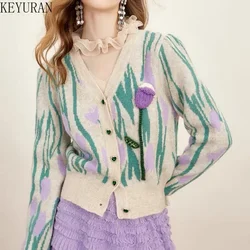 Vintage Flower Sweater Coat Women 2024 Autumn Winter New Women's V-Neck Long Sleeve Knitted Cardigan Mujer Kntiwear Tops Jumpers