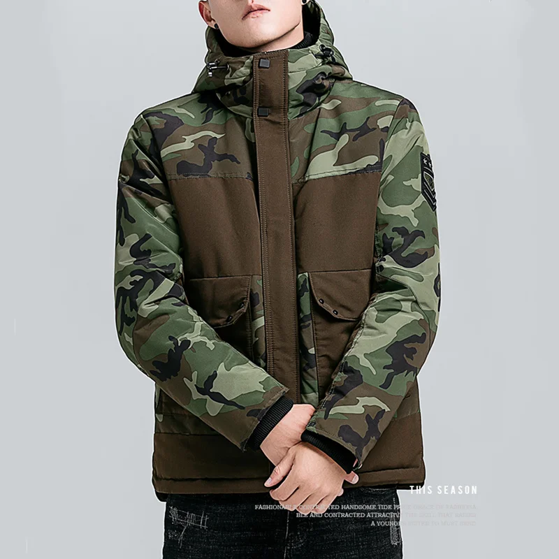 Inverno parka homens camuflagem engrossar algodão acolchoado casaco à prova de frio quente militar parkas marca casual ao ar livre jaqueta com capuz masculino