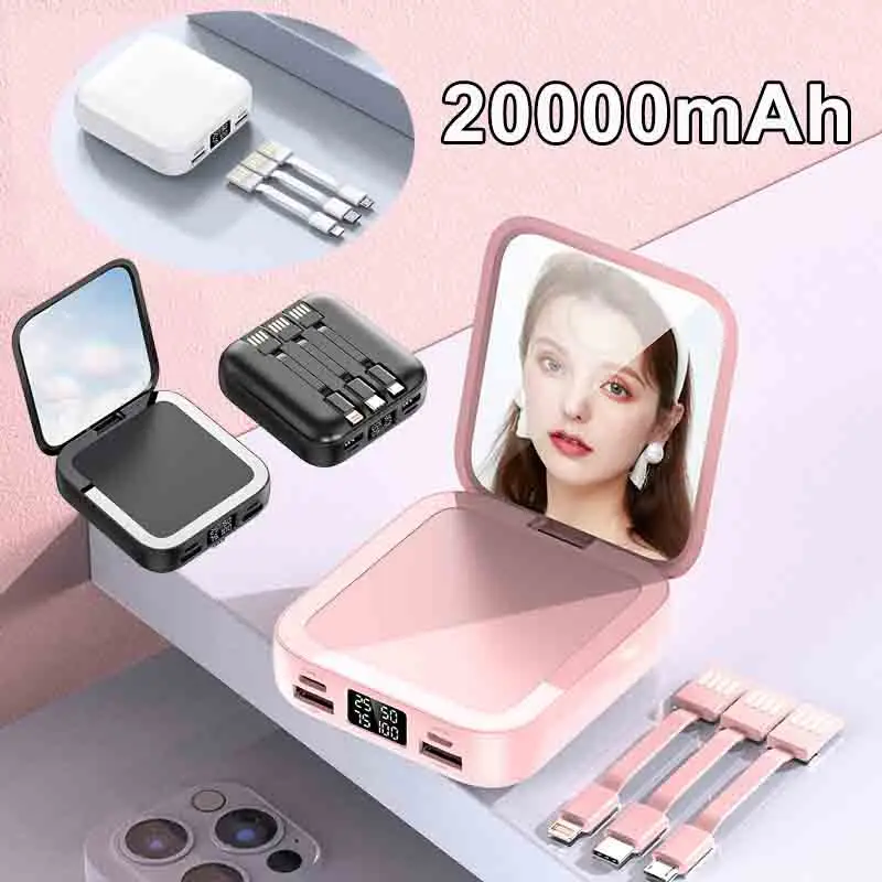 

20000mAh Power Bank with Makeup Mirror Detachable Digital Display Power Bank External Battery Built-in Cable for IPhone Samsung