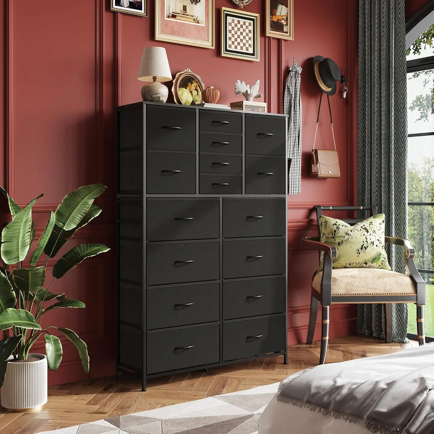 Tall Dresser for Bedroom Fabric Dresser Storage Tower with 16 Drawers Chest of Drawers Organizer Unit Storage Charcoal Black