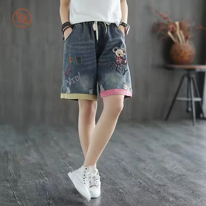 New National Embroidery Knee-length Denim Shorts 2024 Women Boyfriend Casual High Waist Shorts Jeans Summer Ripped Denim Shorts