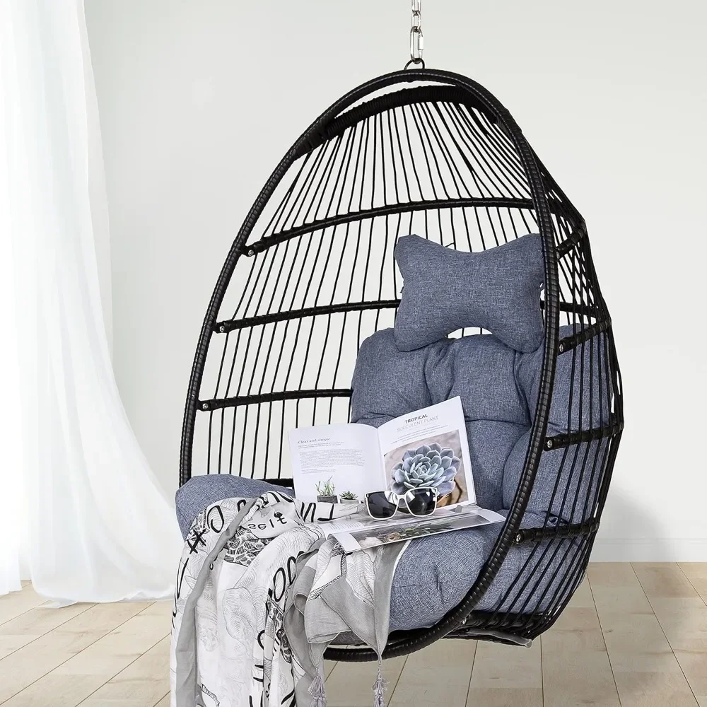 

Hanging Egg Hammock Chair with Seat Cushions - Black Polyethylene Wicker Rattan Frame and Hanging Chain Collapsible Chair for