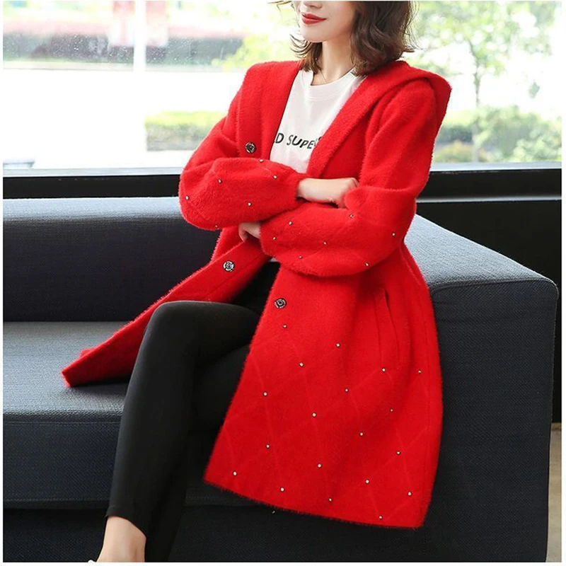 

Chic Mid-Length Imitation Mink Velvet Hooded Sweater Coat Women's Overcoat 2025 Autumn Winter New Korean Loose Warm Knitted Coat