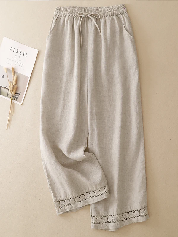 Linen Wide Leg Pants Women's Summer Design Embroidered Hollow Straight Casual High Waist Drape Slimming Long Trousers