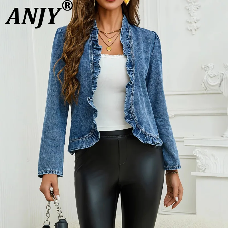 

ANJY Autumn New Women Tide Denim Jacket Ruffled Cardigan Long Sleeve Vintage Sweet Elegant Fashion High Street Casual Coat A9123