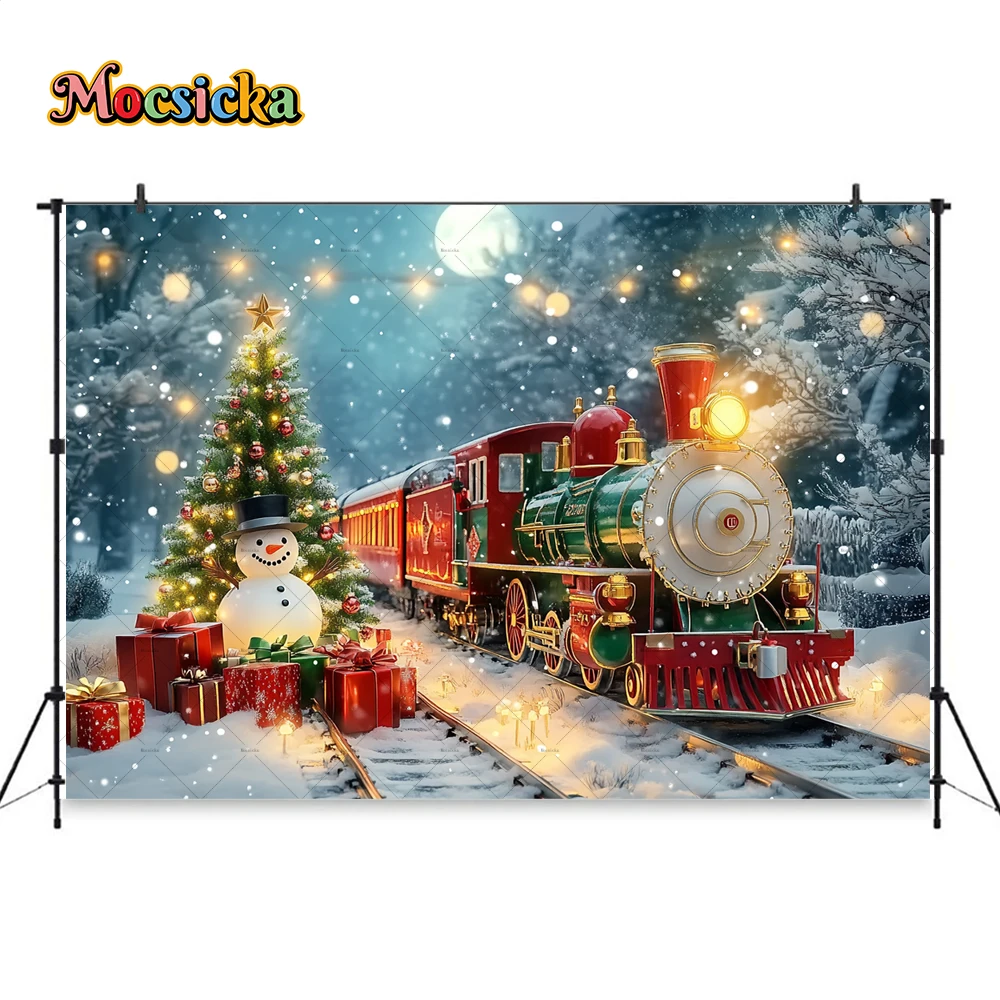 Christmas Colorful Train Background Photography New Year\'s Eve Snowman Xmas Tree Gift Backdrop Booth Kids Winter Birthday Photo