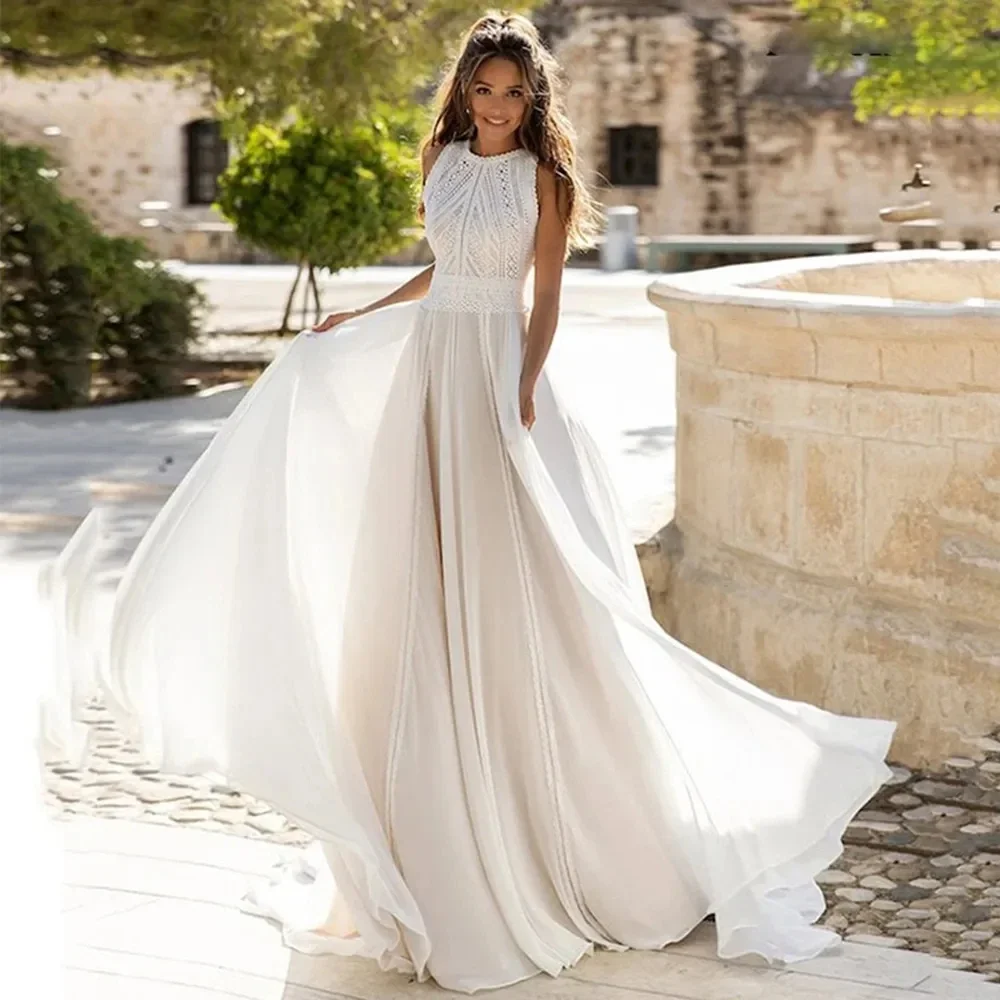 Vestidos de novia elegantes de gasa con Apliques de encaje, línea A, largo, para playa